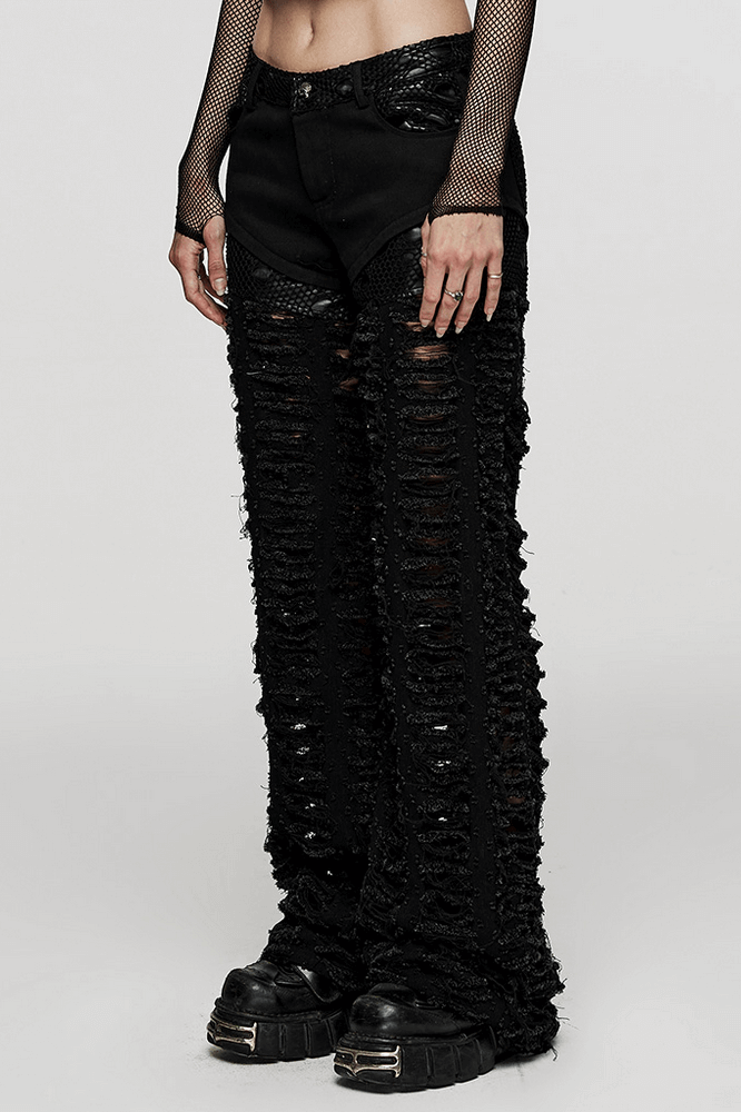 Chic ripped mesh goth trousers for women in black, featuring a dramatic design and functional pockets.