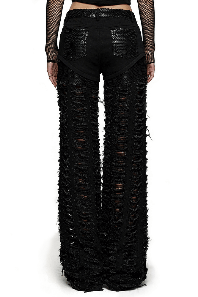 Rear view of chic ripped mesh goth trousers for women, featuring distressed fabric and functional pockets.