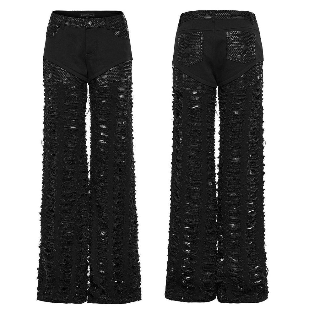 Chic gothic style ripped mesh trousers for women with functional pockets and dramatic silhouette.