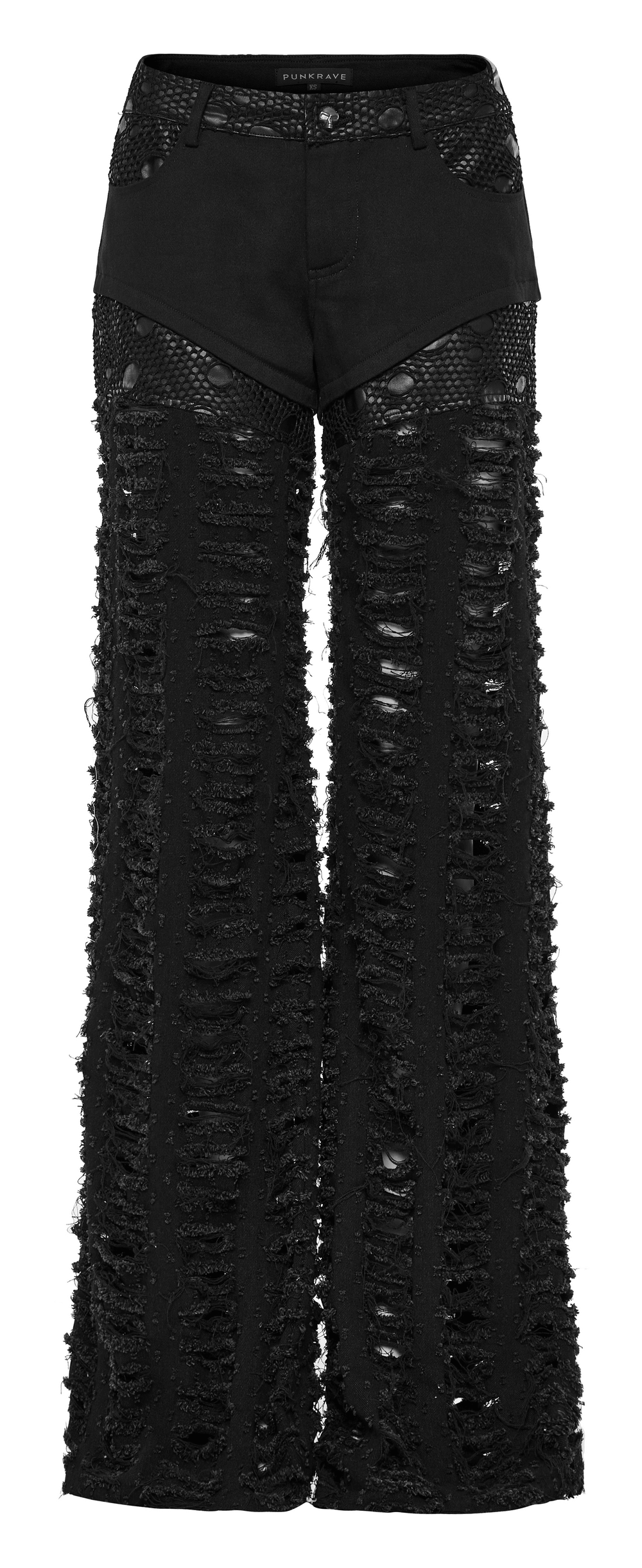 Chic gothic style ripped mesh trousers for women with pockets and dramatic silhouette.