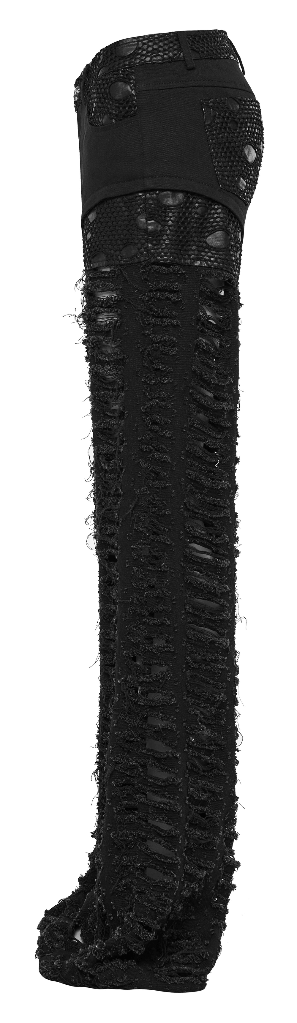 Chic gothic style ripped mesh trousers for women, featuring a unique dramatic silhouette and functional pockets.