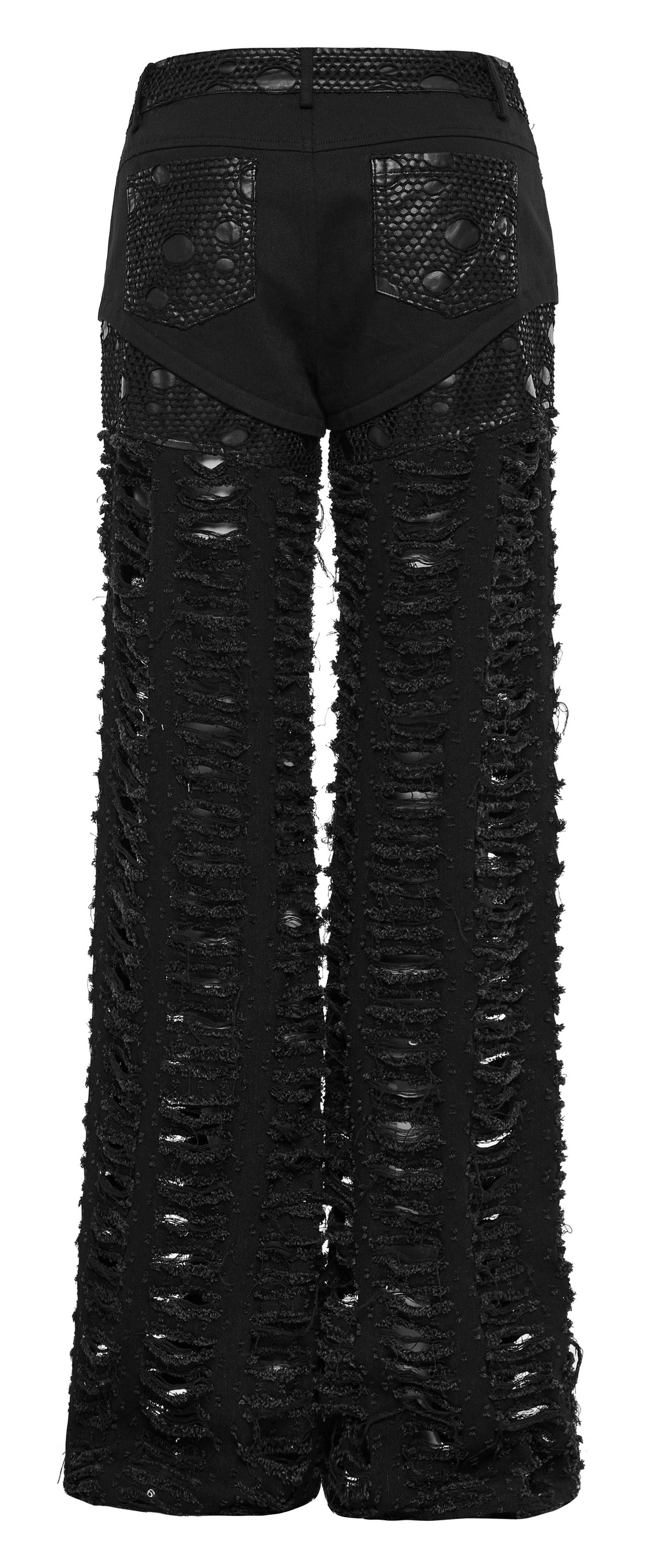 Back view of chic ripped mesh goth trousers featuring intricate detailing and functional pockets, perfect for gothic style fashion.