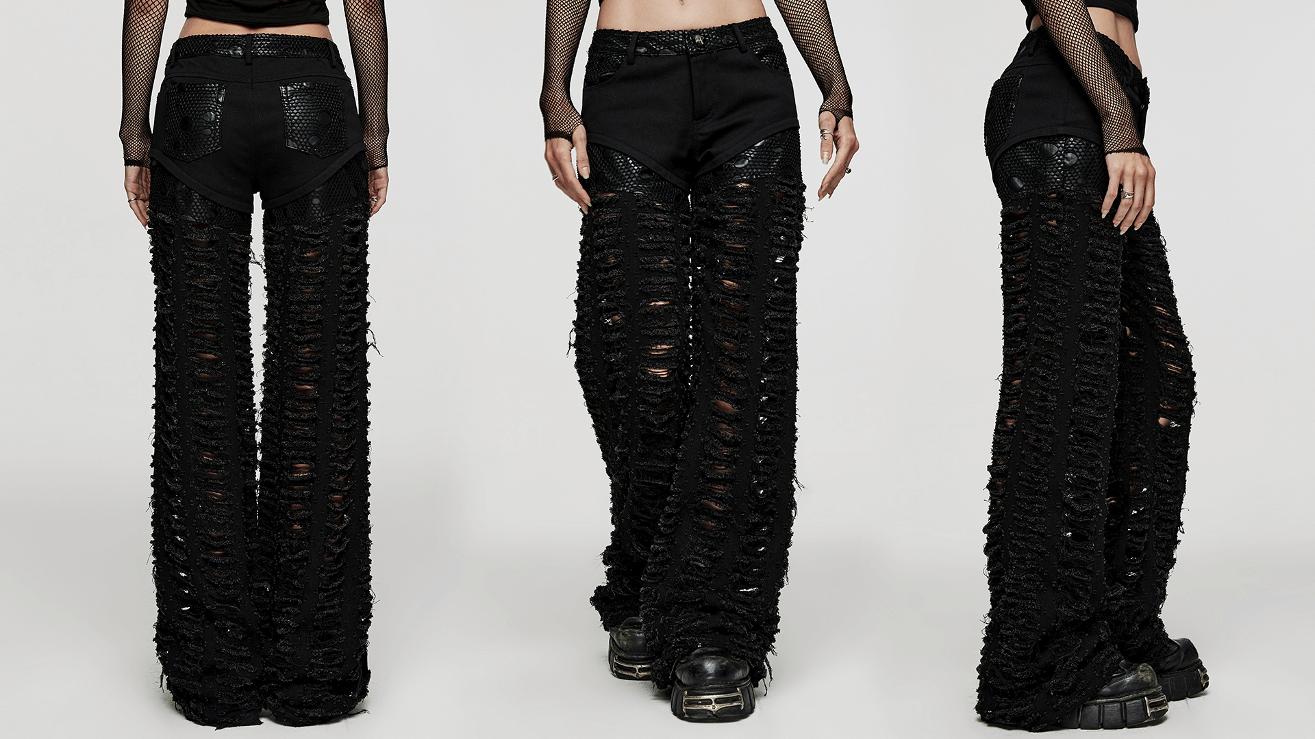Gothic style ripped mesh trousers for women, showcasing a dramatic silhouette and functional pockets.