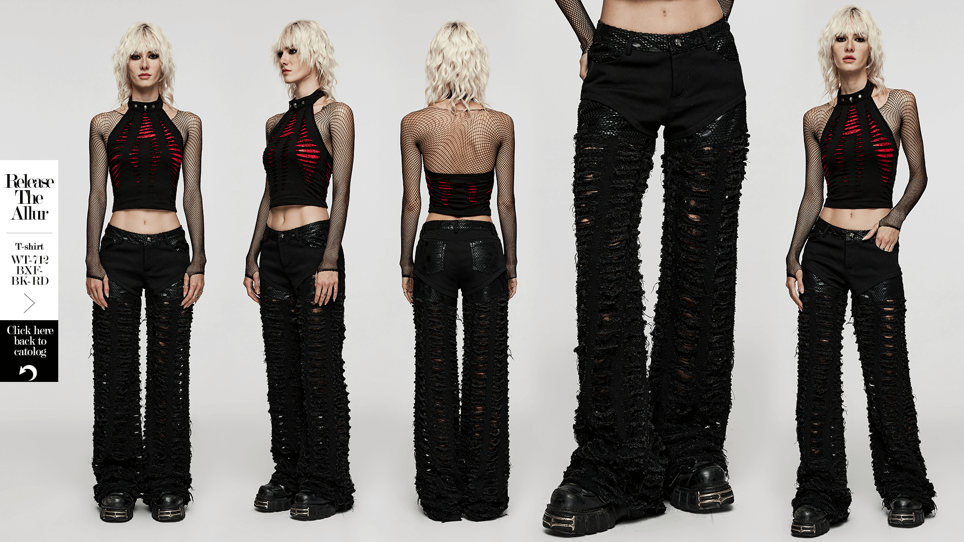 Chic ripped mesh gothic trousers for women, showcasing a dramatic silhouette and stylish design with functional pockets.