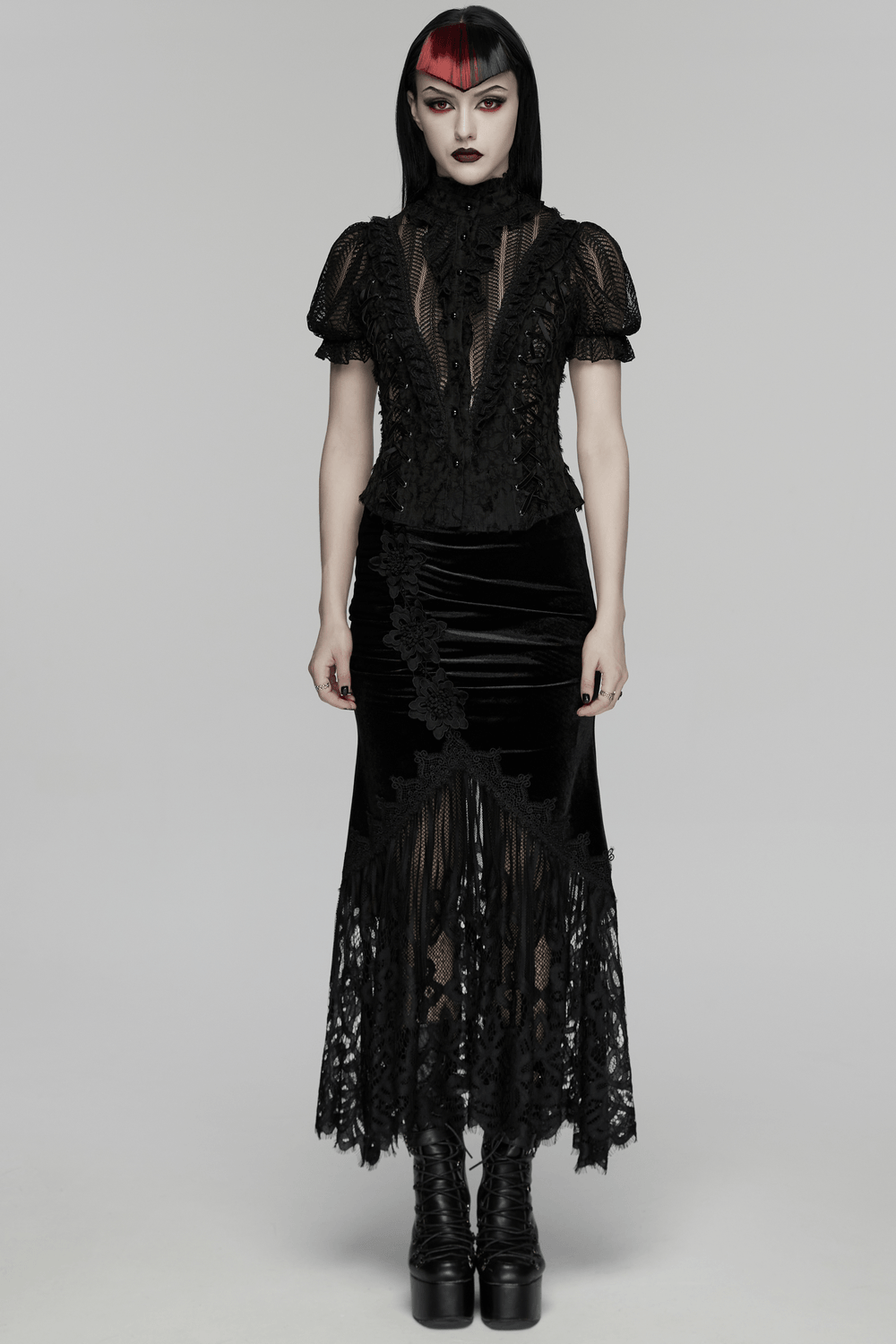 Alt Tag: Chic Ruched Mermaid Lace Hem Gothic Long Skirt black velvet lace fishtail maxi with ruched 3D folds and eyelash lace hem