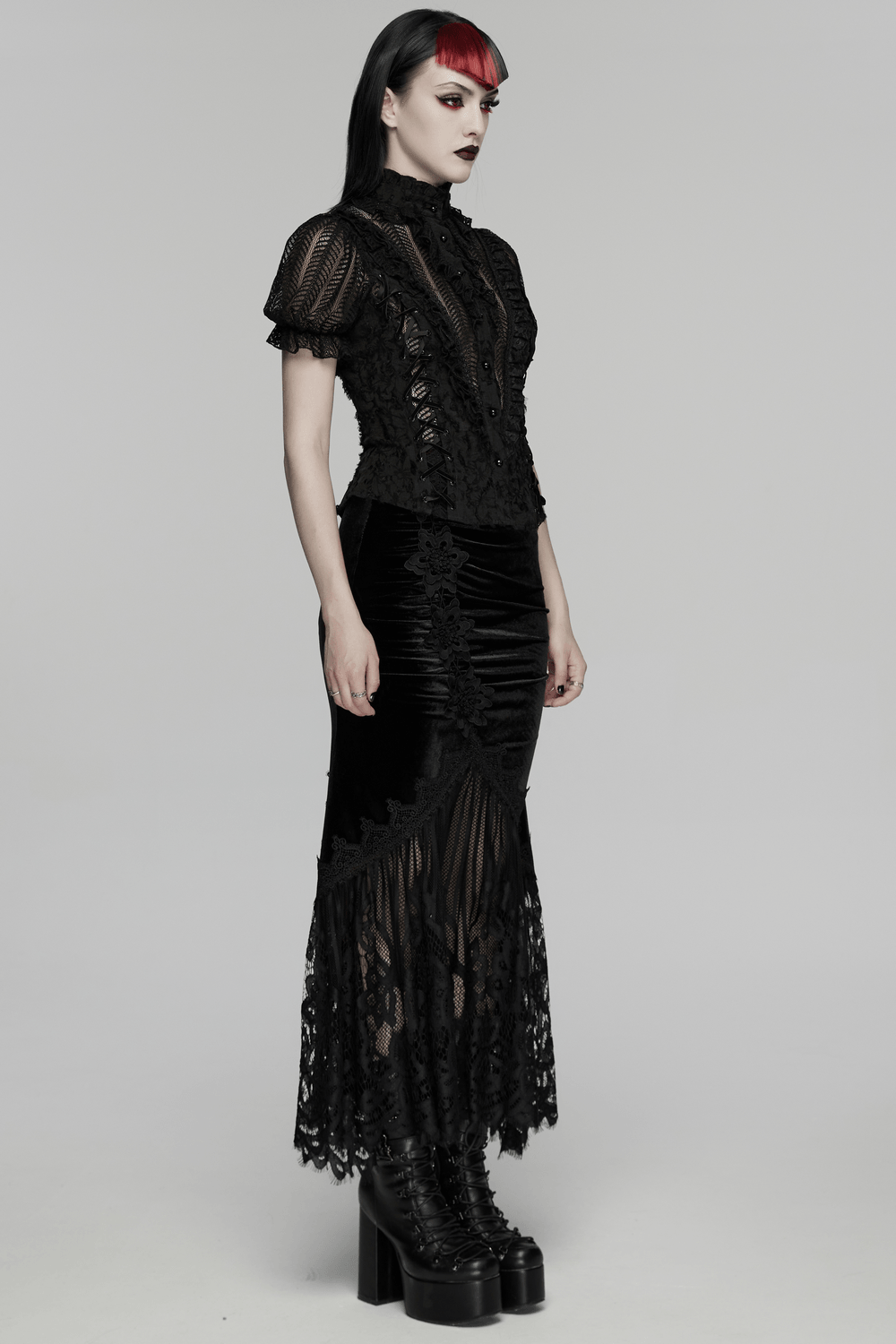 Alt Tag: Chic Ruched Mermaid Lace Hem Gothic Long Skirt black velvet lace fishtail maxi skirt with ruched hips and eyelash lace hem