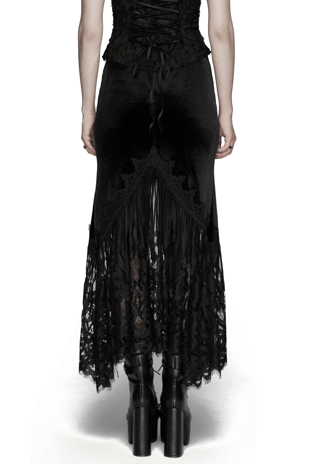 Alt Tag: Chic Ruched Mermaid Lace Hem Gothic Long Skirt black velvet lace fishtail maxi skirt back view, corset waist, eyelash lace hem