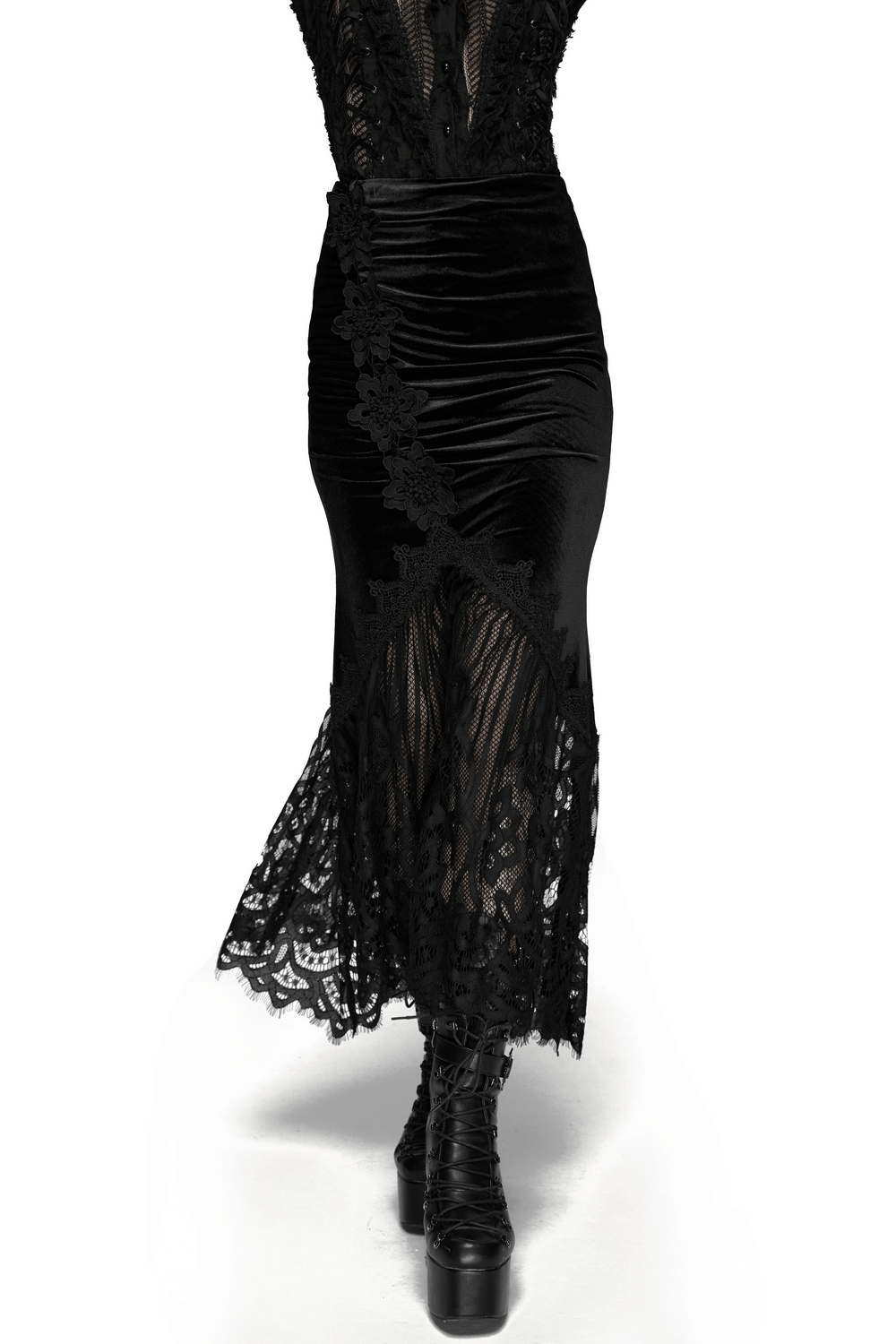 Alt Tag: Chic Ruched Mermaid Lace Hem Gothic Long Skirt black velvet fishtail maxi skirt with ruched folds, floral lace side panel, eyelash hem