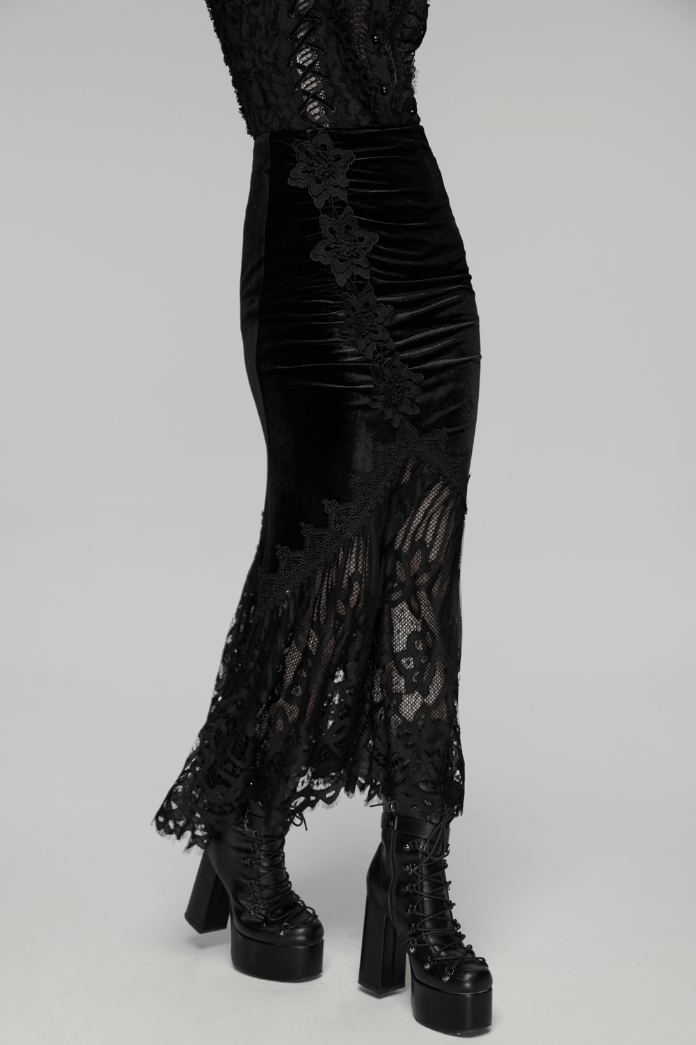 Alt Tag: Chic Ruched Mermaid Lace Hem Gothic Long Skirt black velvet fishtail maxi skirt with floral lace panel, ruched hips, eyelash hem