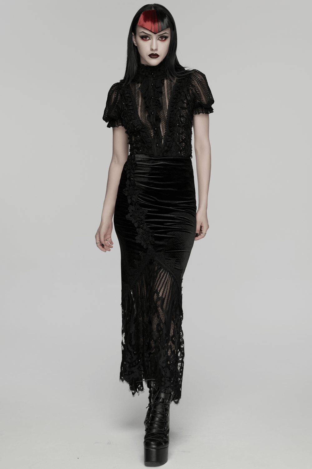 Alt Tag: Chic Ruched Mermaid Lace Hem Gothic Long Skirt worn by model, black velvet lace fishtail maxi with ruched hips and eyelash hem