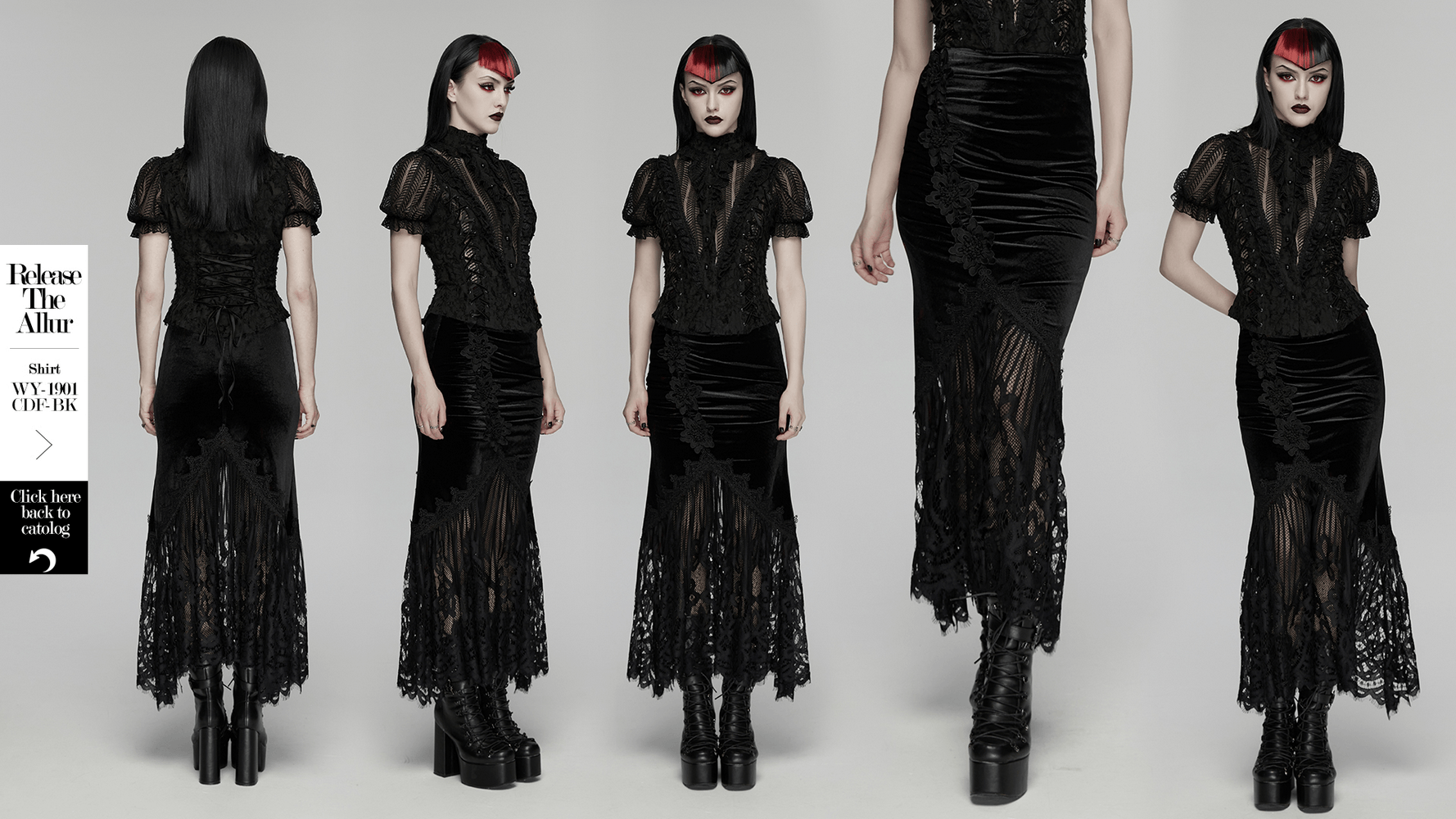Alt Tag: Chic Ruched Mermaid Lace Hem Gothic Long Skirt black velvet lace fishtail maxi skirt with ruched hips and eyelash lace hem, front and back views