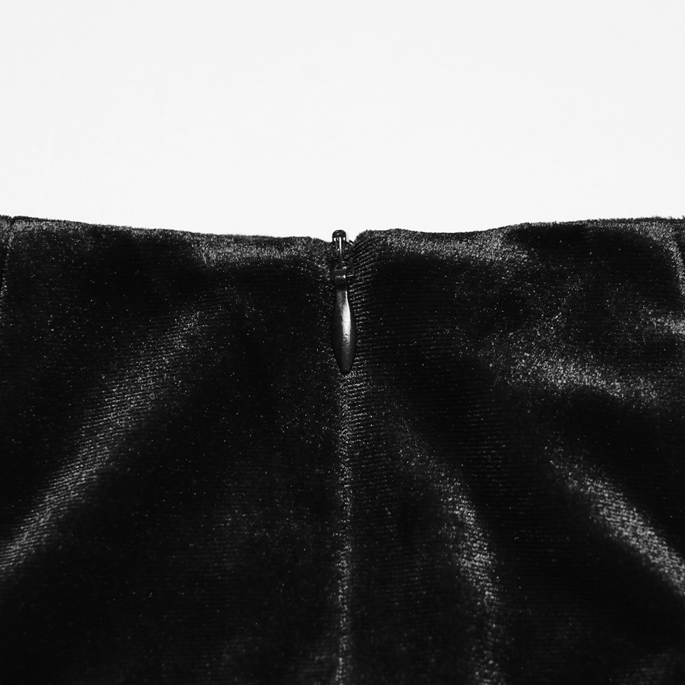 Alt Tag: Chic Ruched Mermaid Lace Hem Gothic Long Skirt black velvet close-up with center back zipper and soft sheen texture