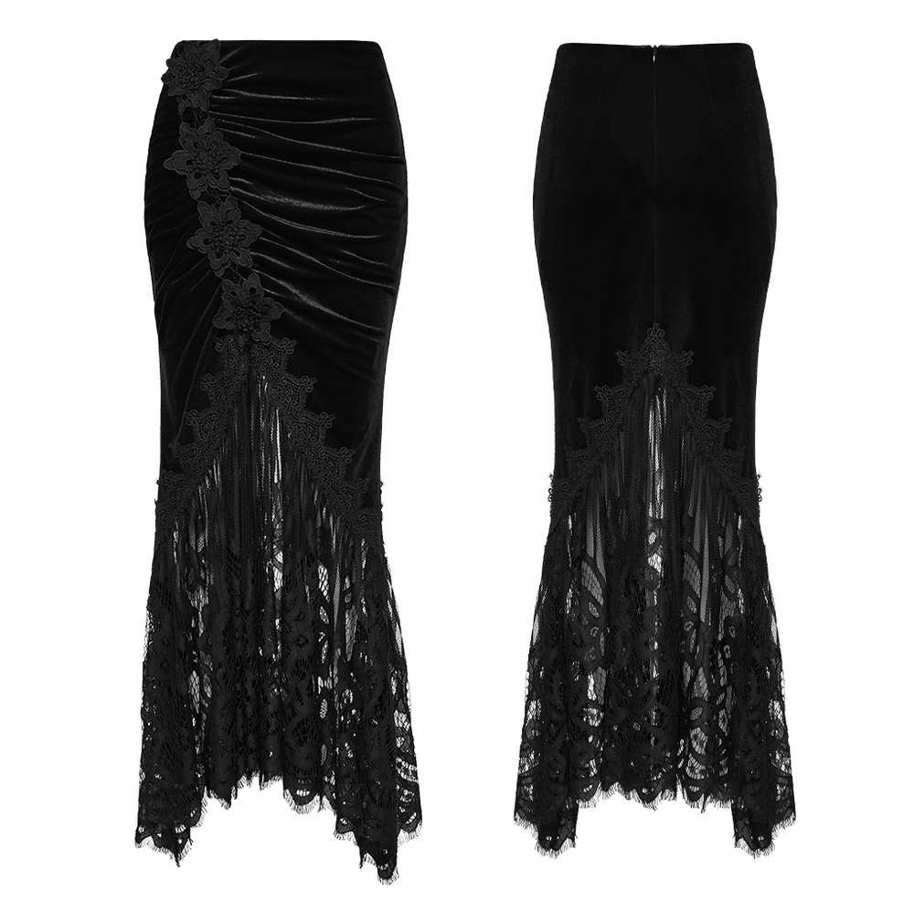 Alt Tag: Chic Ruched Mermaid Lace Hem Gothic Long Skirt black velvet lace fishtail maxi skirt, ruched hip folds, floral applique, eyelash lace hem