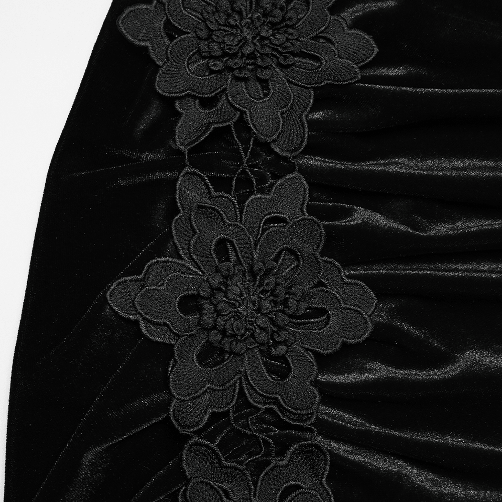 Alt Tag: Chic Ruched Mermaid Lace Hem Gothic Long Skirt close-up black velvet ruching with floral lace appliqué side panel detail