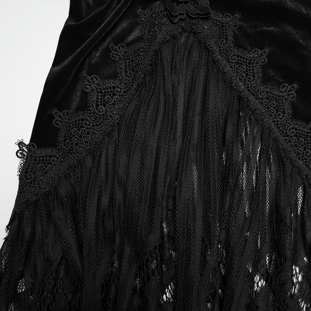 Alt Tag: Chic Ruched Mermaid Lace Hem Gothic Long Skirt close-up of black velvet fishtail skirt with floral lace panel and eyelash lace hem