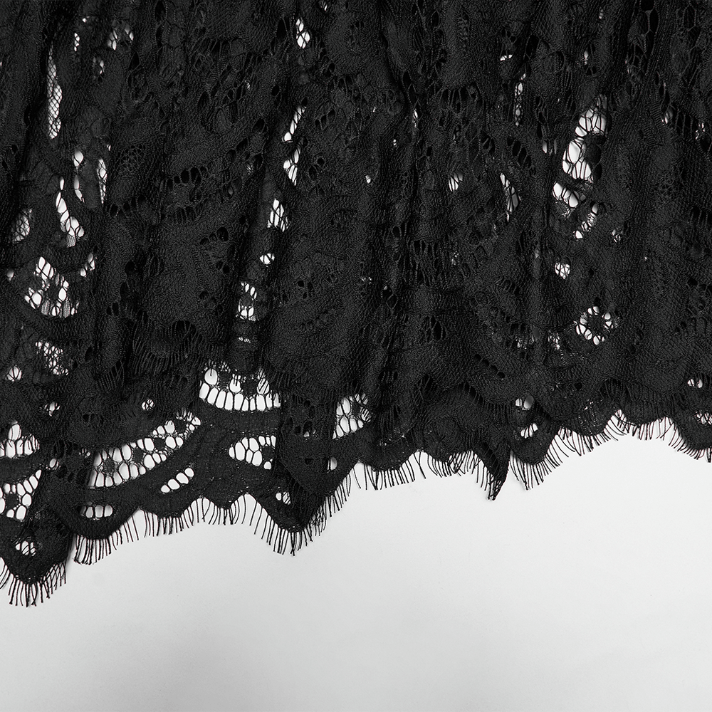 Alt Tag: Chic Ruched Mermaid Lace Hem Gothic Long Skirt black floral lace hem detail with eyelash trim close-up