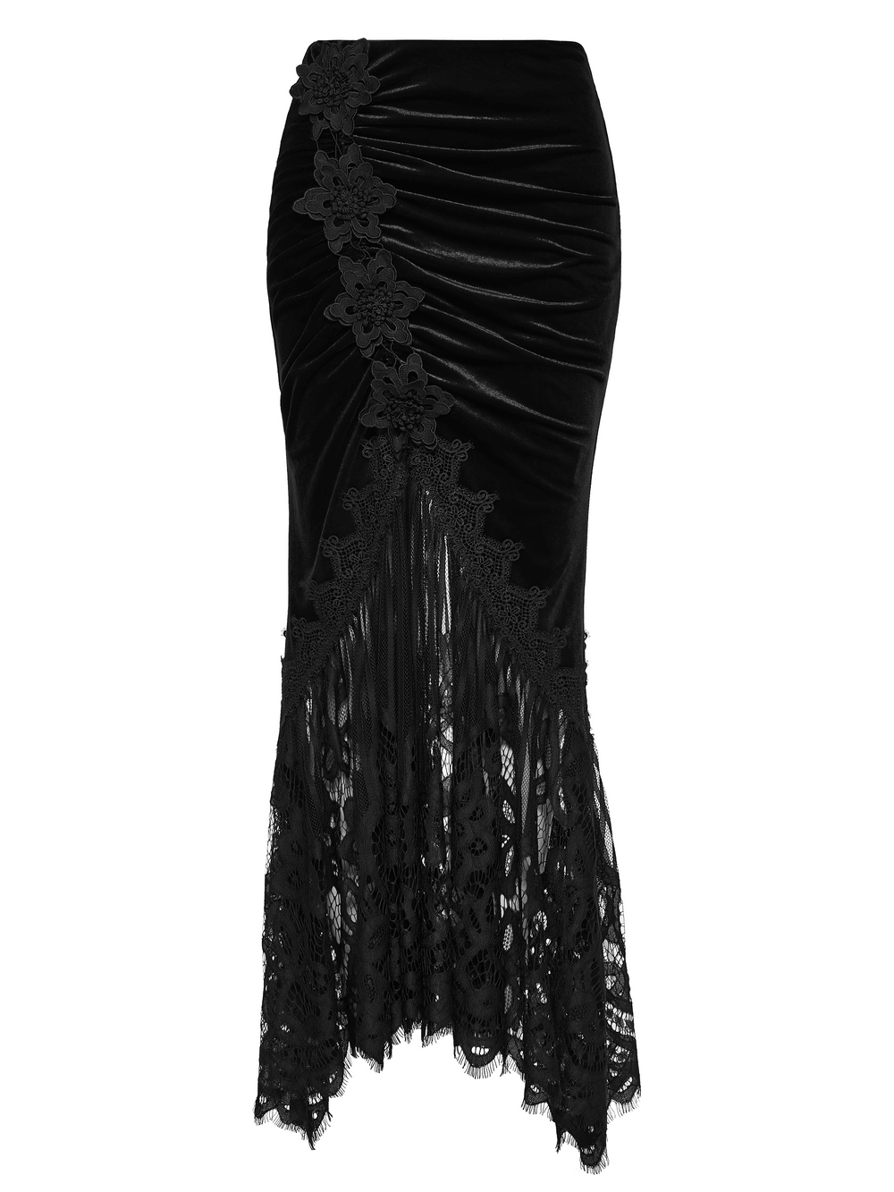 Alt Tag: Chic Ruched Mermaid Lace Hem Gothic Long Skirt black velvet fishtail maxi skirt with ruched folds, floral lace side panel, eyelash hem