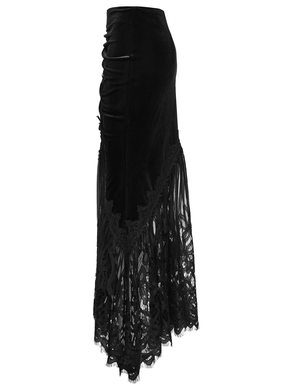 Alt Tag: Chic Ruched Mermaid Lace Hem Gothic Long Skirt black velvet maxi fishtail skirt with ruched hip and eyelash lace hem