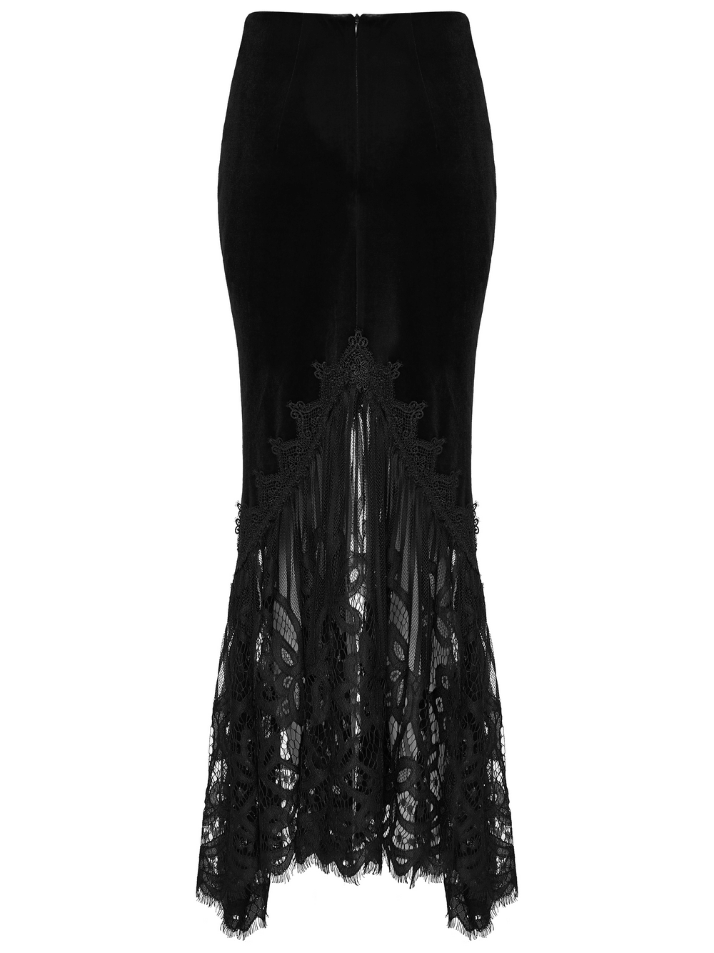 Alt Tag: Chic Ruched Mermaid Lace Hem Gothic Long Skirt black velvet fishtail maxi skirt with floral lace panel and eyelash lace flared hem