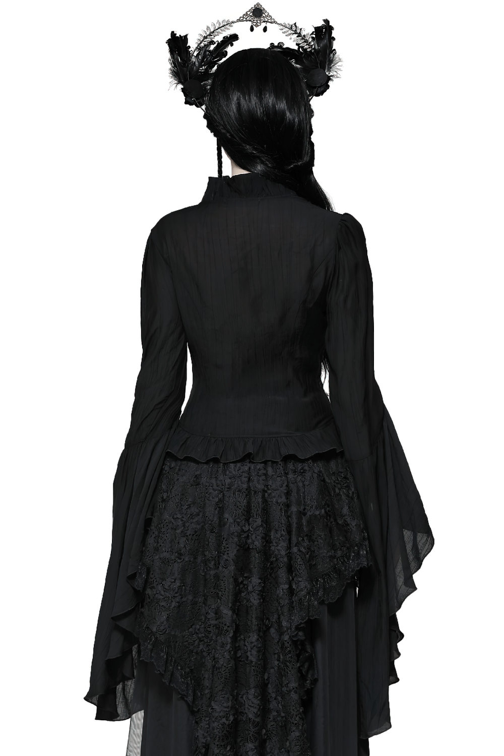 Gothic top with ruffled flare sleeves, lace detailing, and vintage-inspired brooch, perfect for alternative fashion enthusiasts.