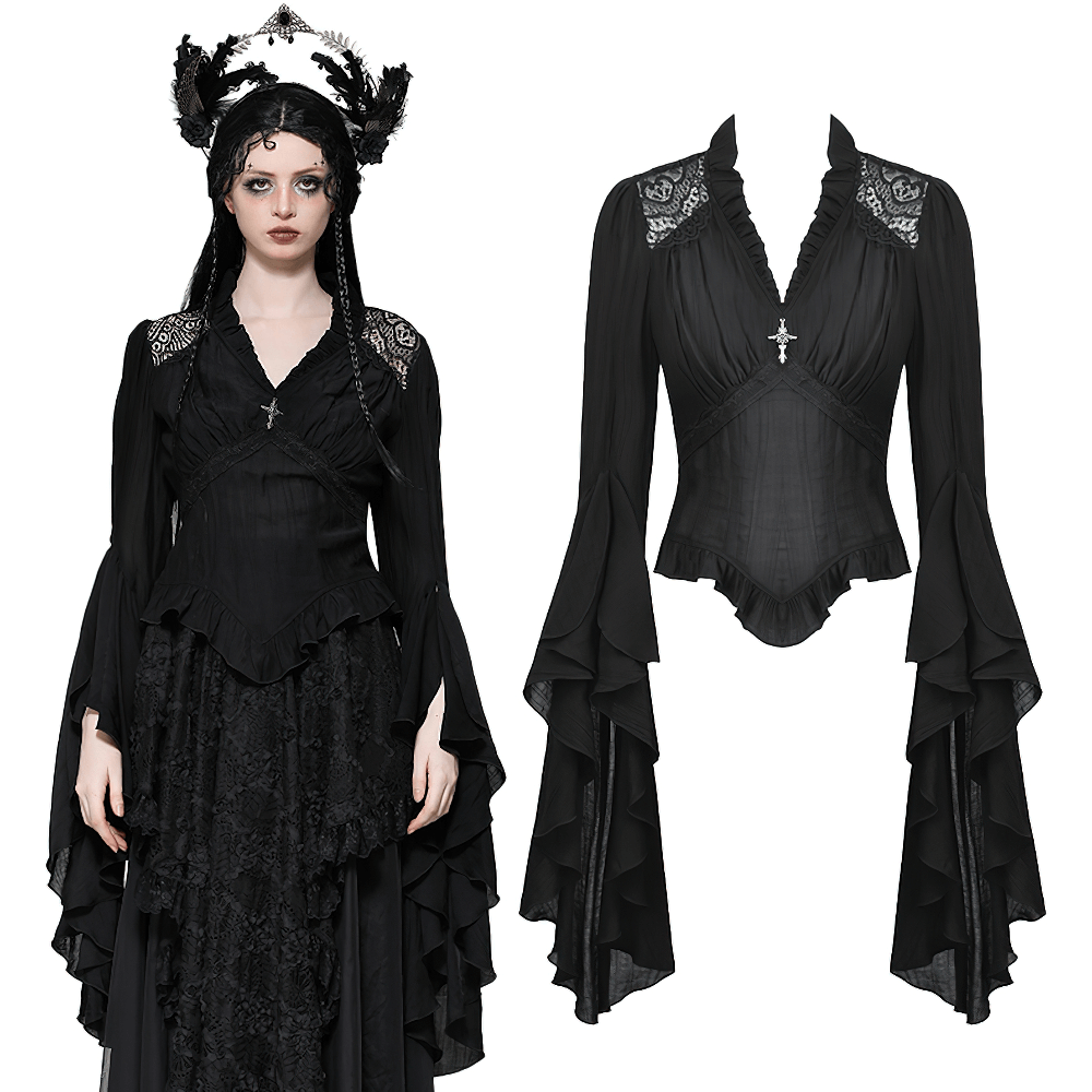 Gothic black top with ruffled bell sleeves, lace details, and vintage brooch for alternative fashion enthusiasts.