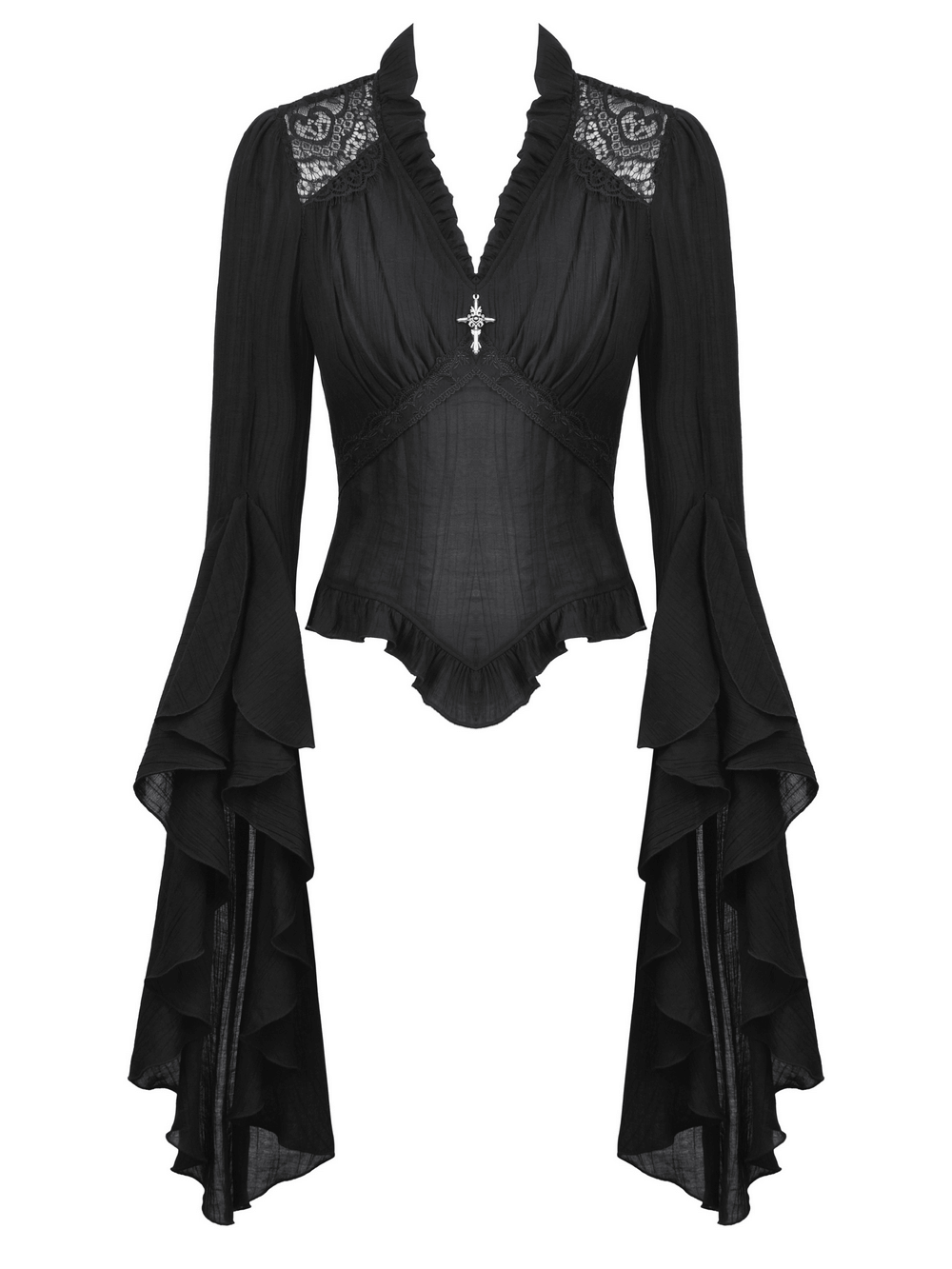 Elegant Gothic black top with dramatic ruffled bell sleeves, lace details, and vintage-inspired brooch, perfect for alternative style.