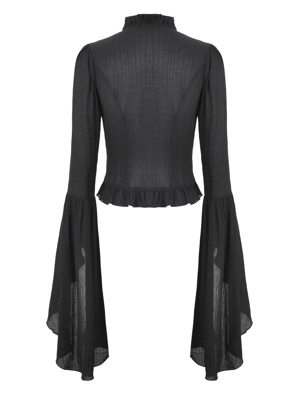 Back view of chic ruffled flare sleeved top with lace, featuring dramatic bell sleeves and gothic elegance in black fabric.