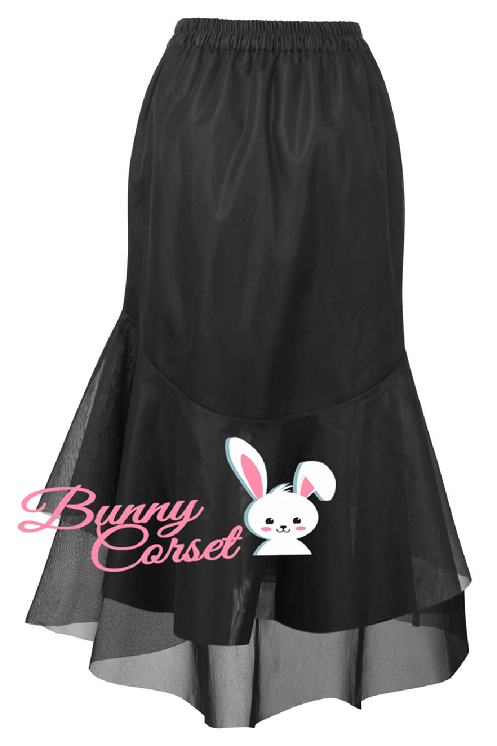 Chic black satin and mesh layered skirt with elastic waist for women, perfect for casual or formal occasions.