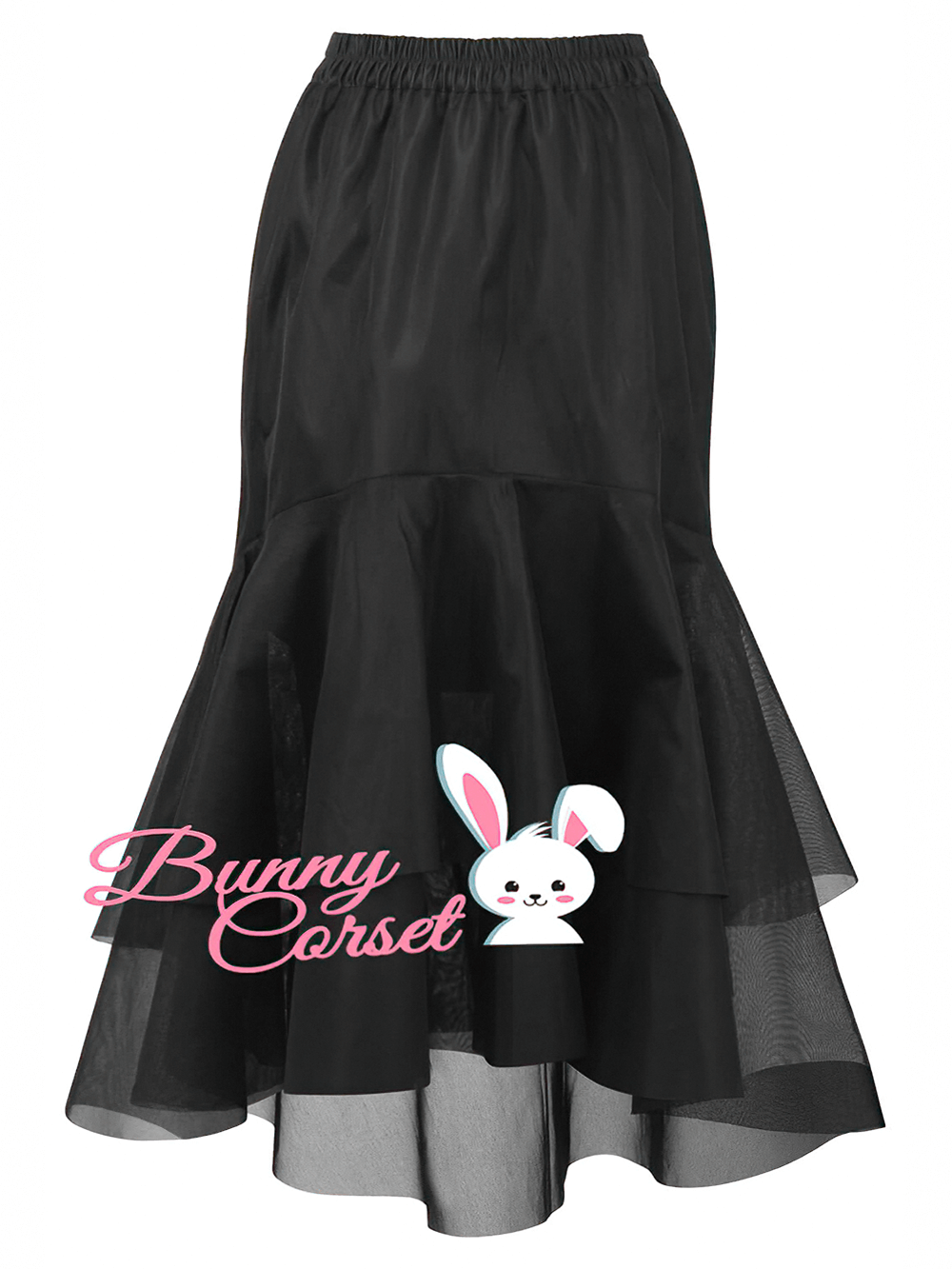 Chic black satin and mesh layered midi skirt with elastic waist, perfect for stylish women.