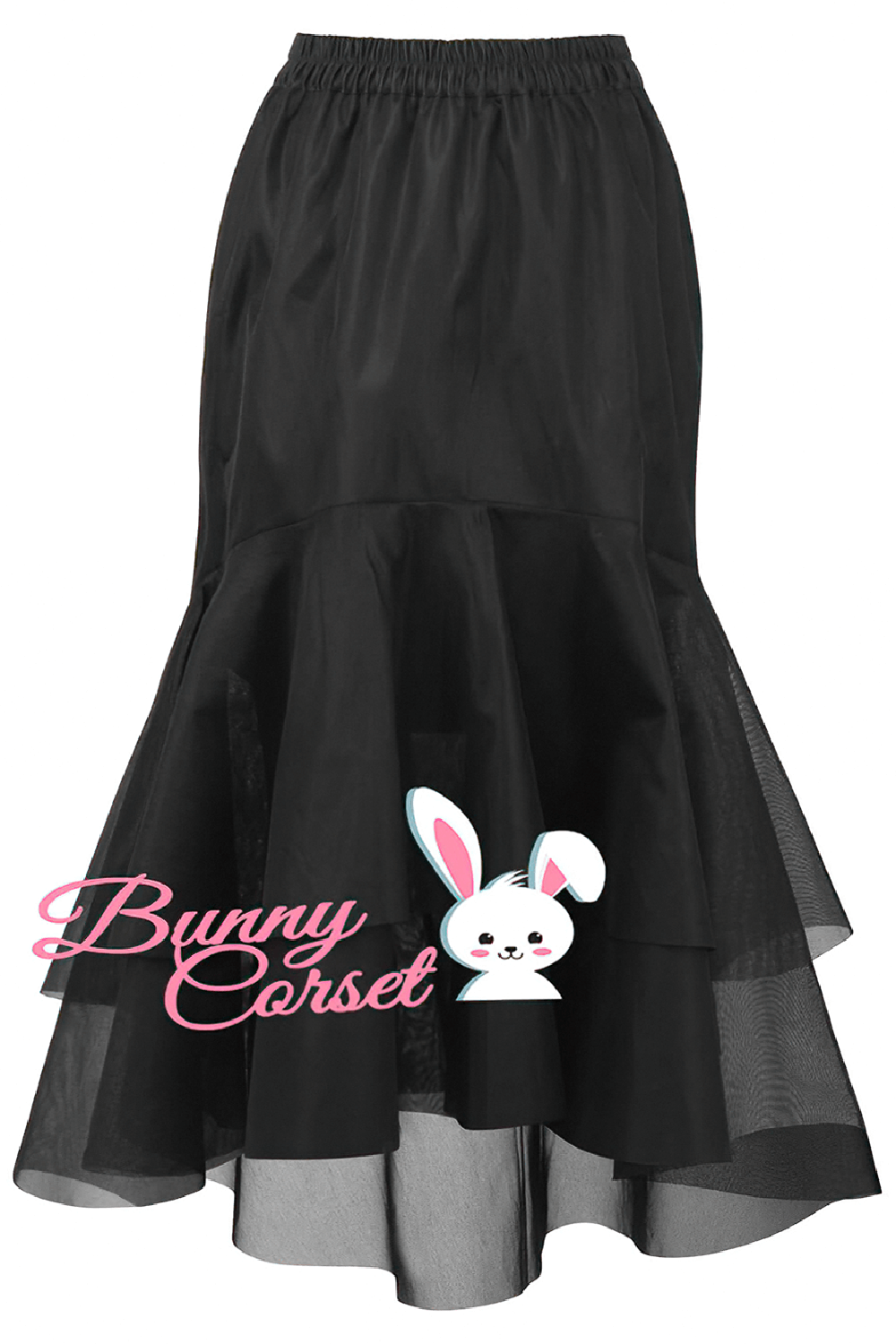 Chic black satin and mesh layered midi skirt with elastic waist, perfect for stylish women.