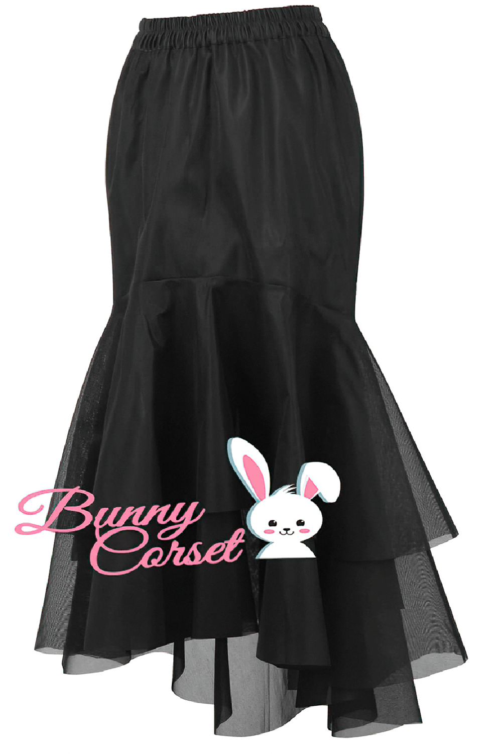 Chic black satin and mesh layered skirt with elastic waist for women, perfect for casual and formal looks.