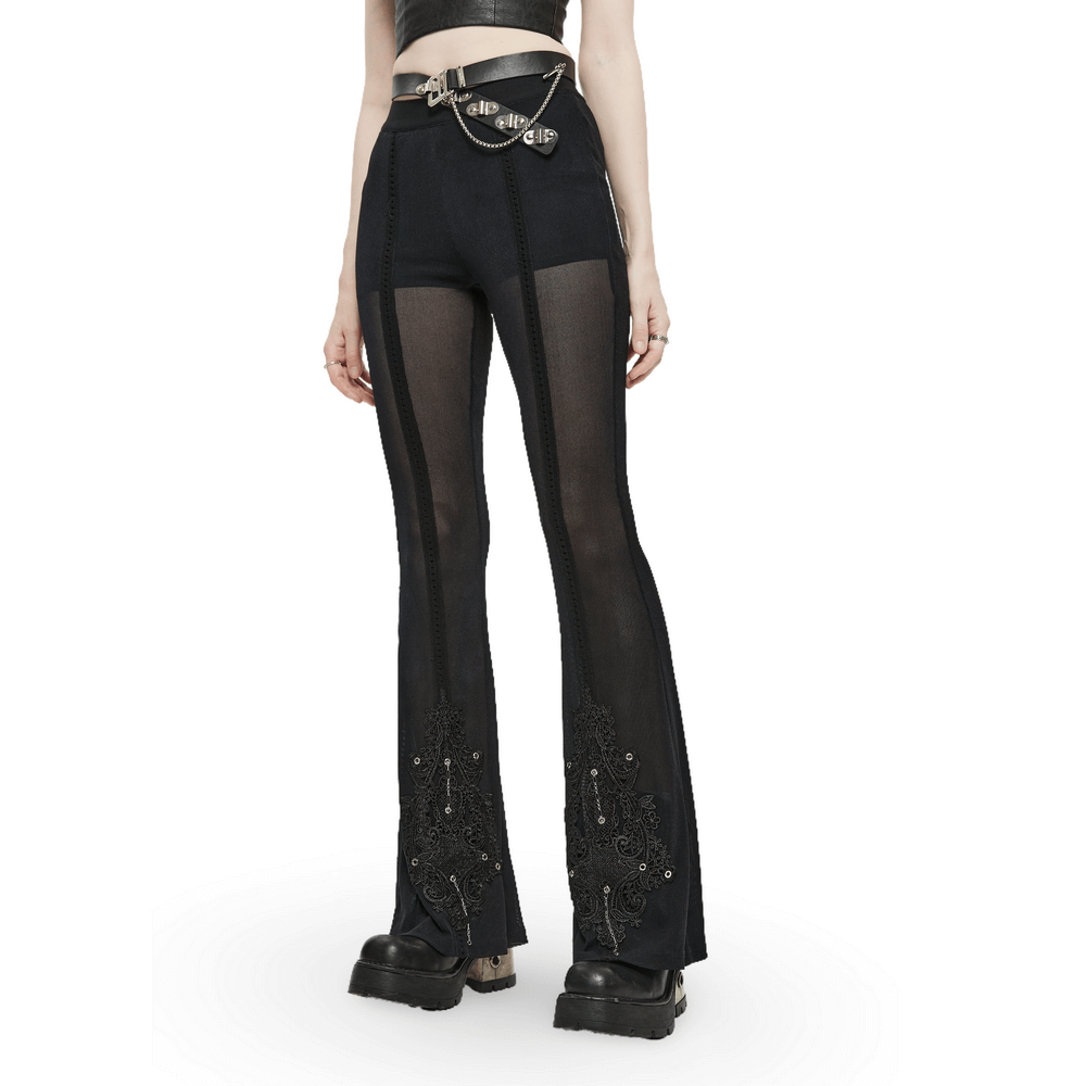 Chic sheer flare pants with gothic lace detail, featuring striking mesh and punk-inspired elements.
