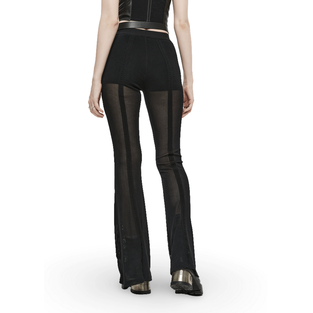 Back view of chic sheer flare pants with gothic lace details and high elastic velvet waistband.