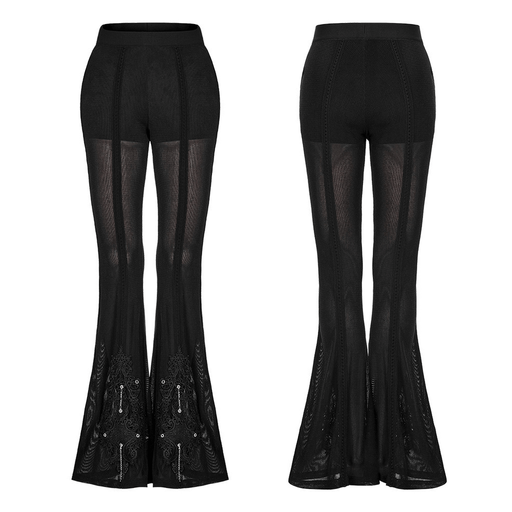 Chic sheer flare pants featuring gothic lace detail and metal eyelets for a punk-inspired look.