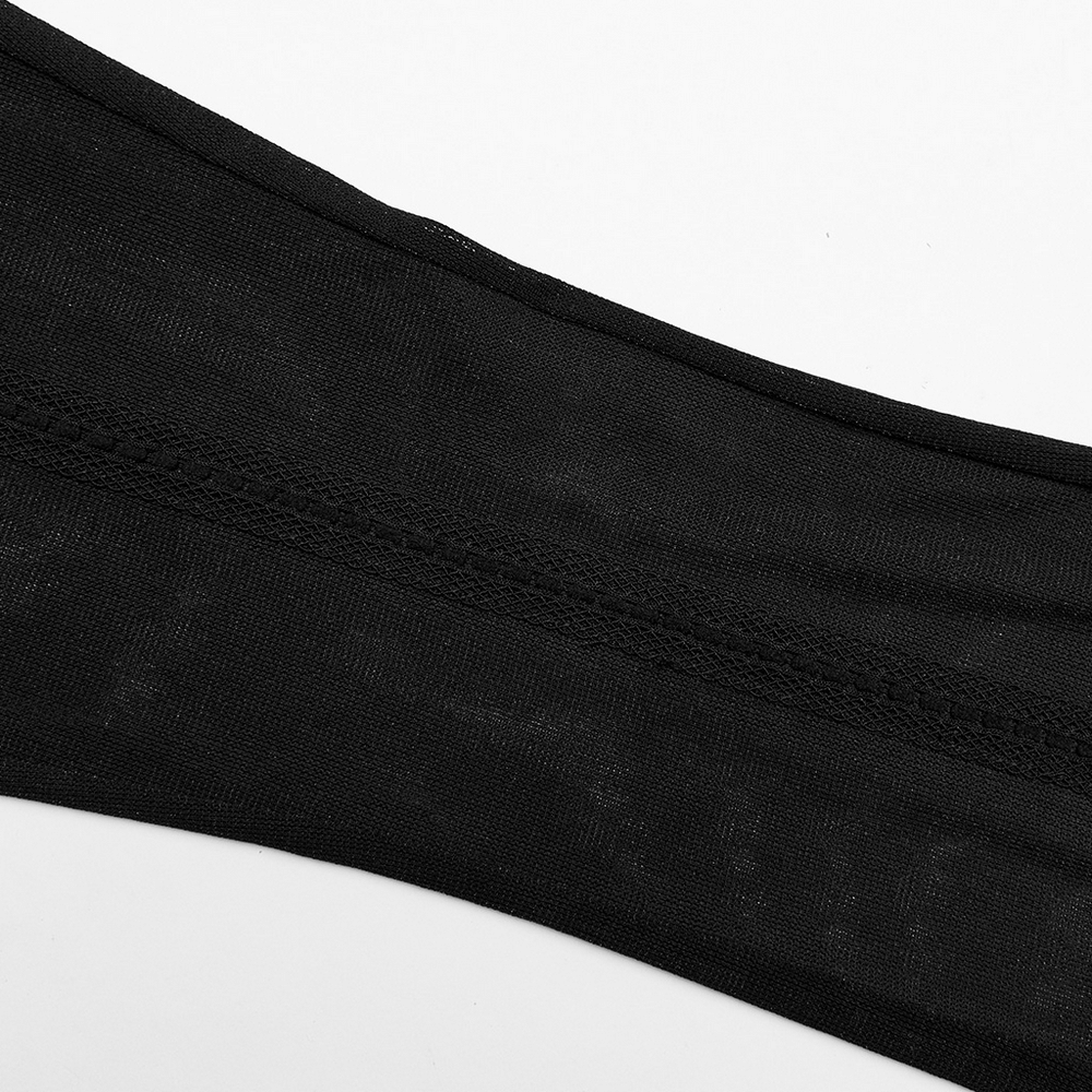Close-up of the high elastic waistband of sheer flare pants showcasing gothic lace detail and fabric texture.