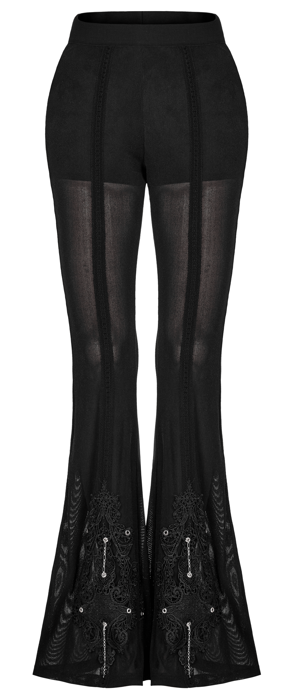 Chic sheer flare pants with gothic lace detail and eyelets, perfect for a punk gothic style and flexible comfort.
