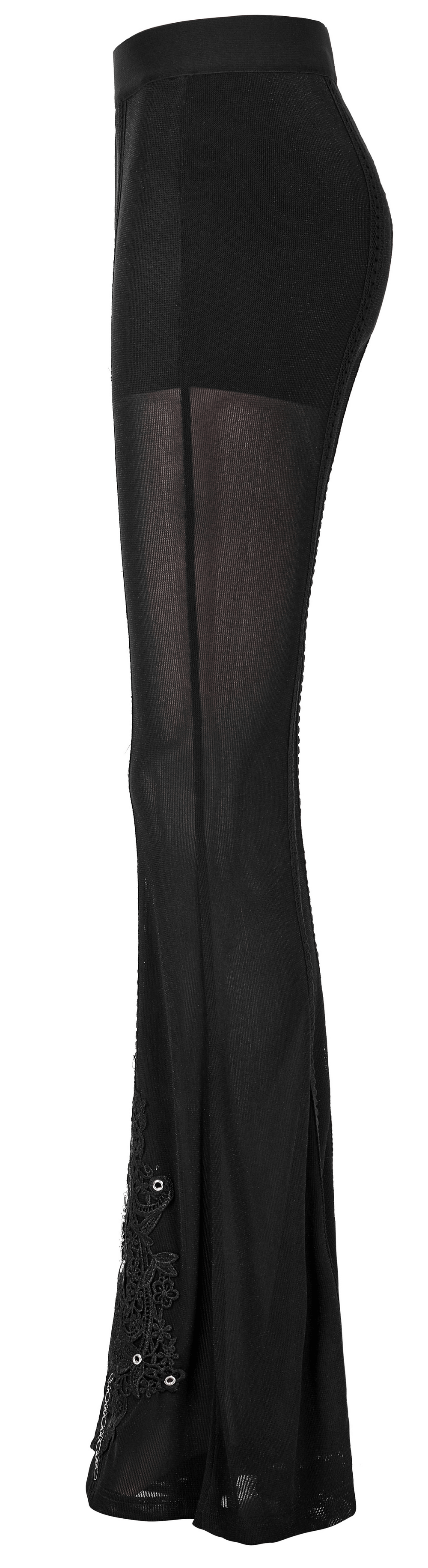 Chic sheer flare pants with gothic lace detail and high elastic waistband, perfect for a punk gothic look.