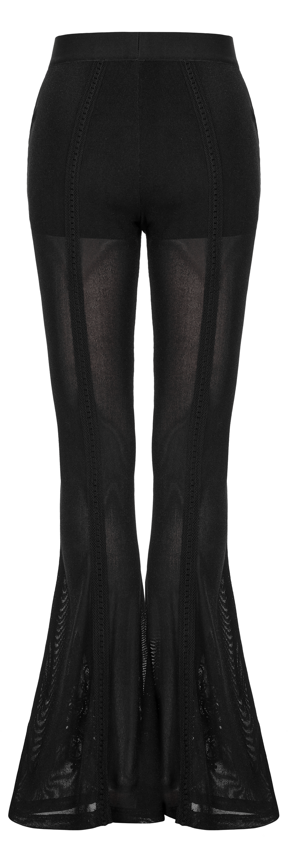Chic sheer flare pants featuring intricate gothic lace detail and a high elastic velvet waistband.