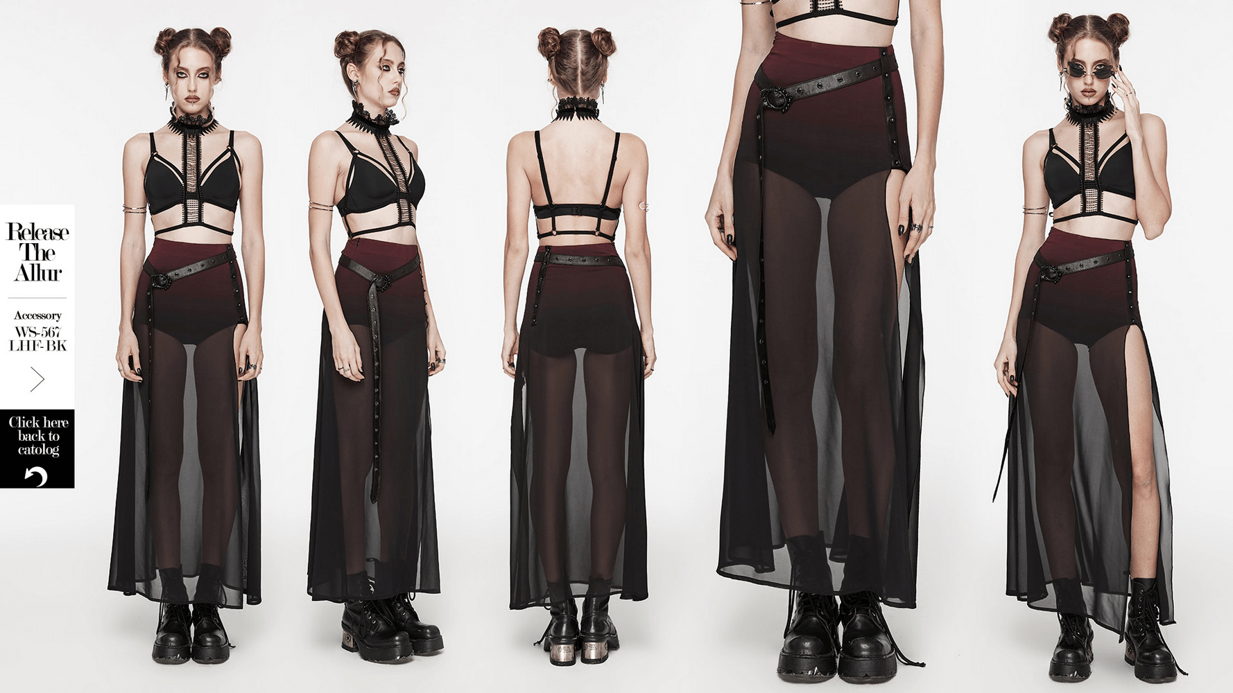 Chic sheer maxi A-line skirt with high slit and belt, perfect for edgy style and goth fashion.