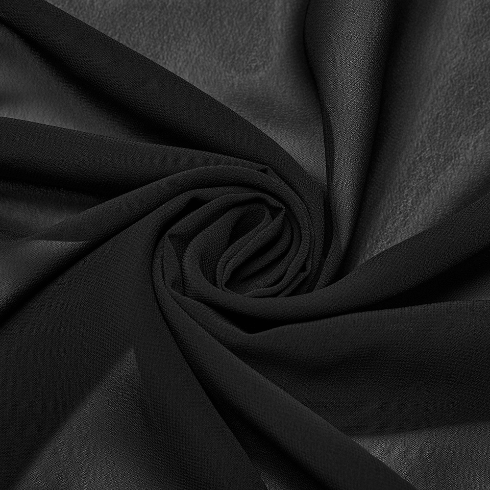 Close-up of luxurious black chiffon fabric, showcasing its soft texture and flowy quality for stylish maxi skirts.