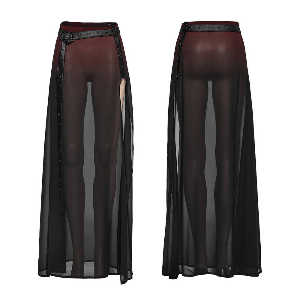 Chic sheer black maxi A-line skirt with high slit and belt, perfect for edgy evening styles.