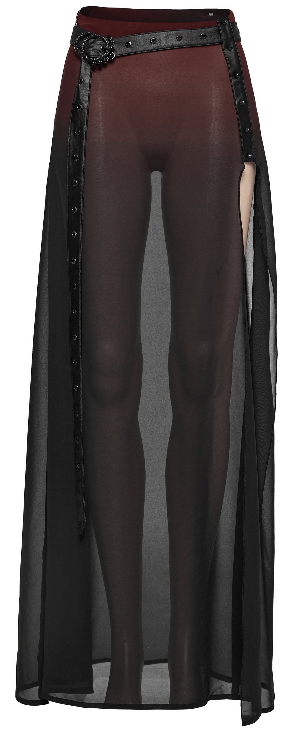Chic sheer maxi A-line skirt featuring a dramatic high slit and stylish waist belt, perfect for edgy night out looks.