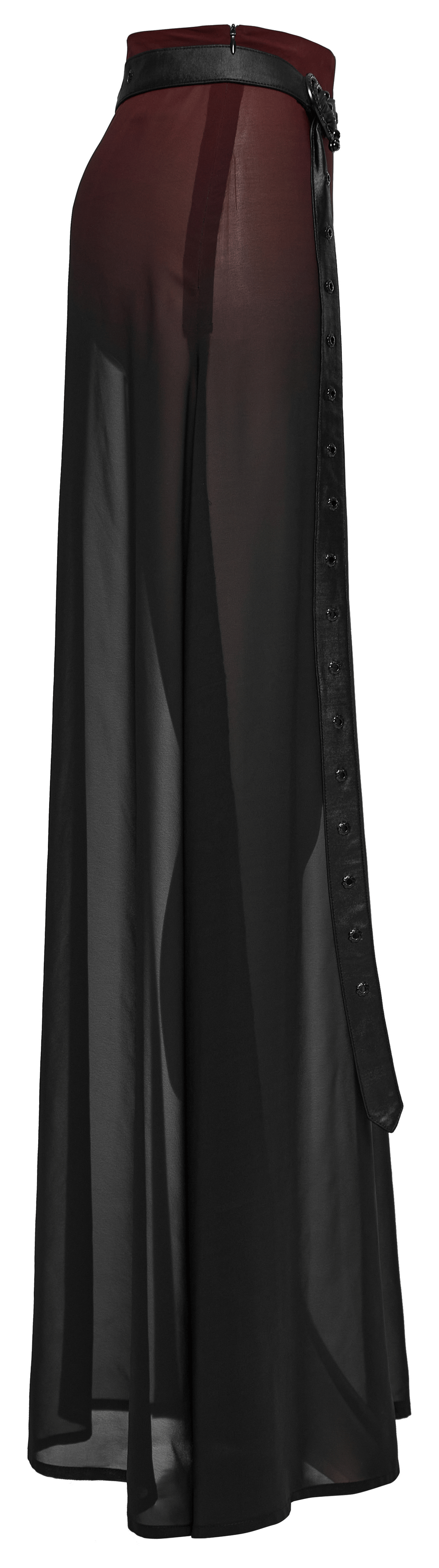 Chic sheer black maxi A-line skirt with high slit and stylish waist belt, perfect for edgy evening wear.