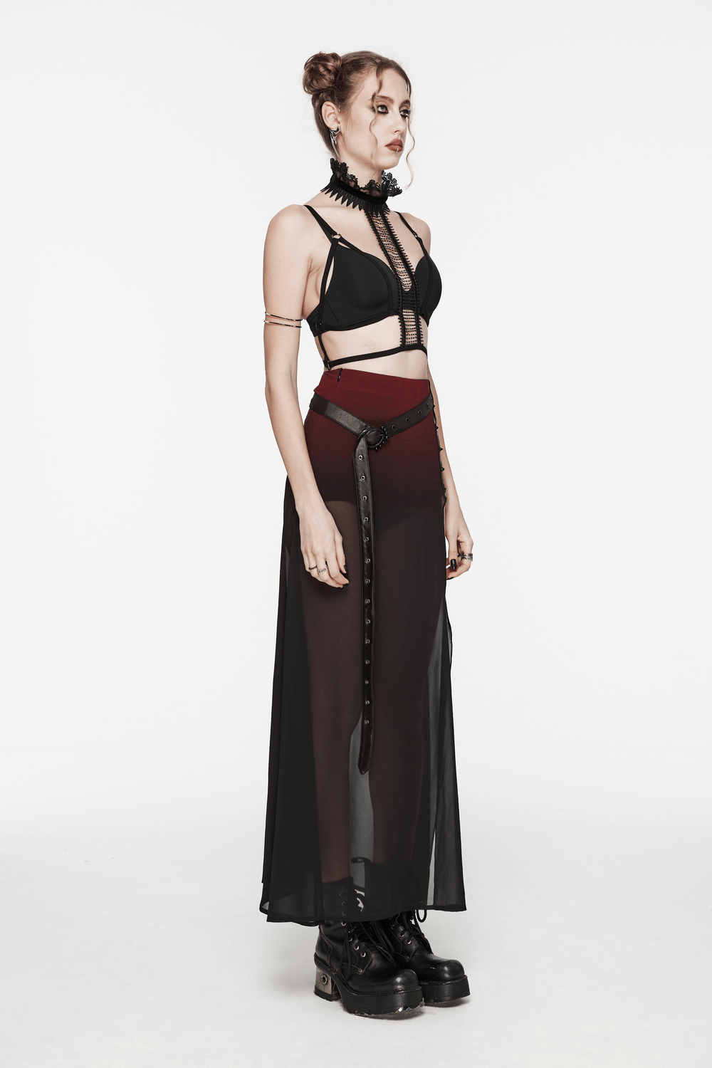 Chic sheer maxi A-line skirt with high slit and belt, showcasing edgy goth style for bold fashion.