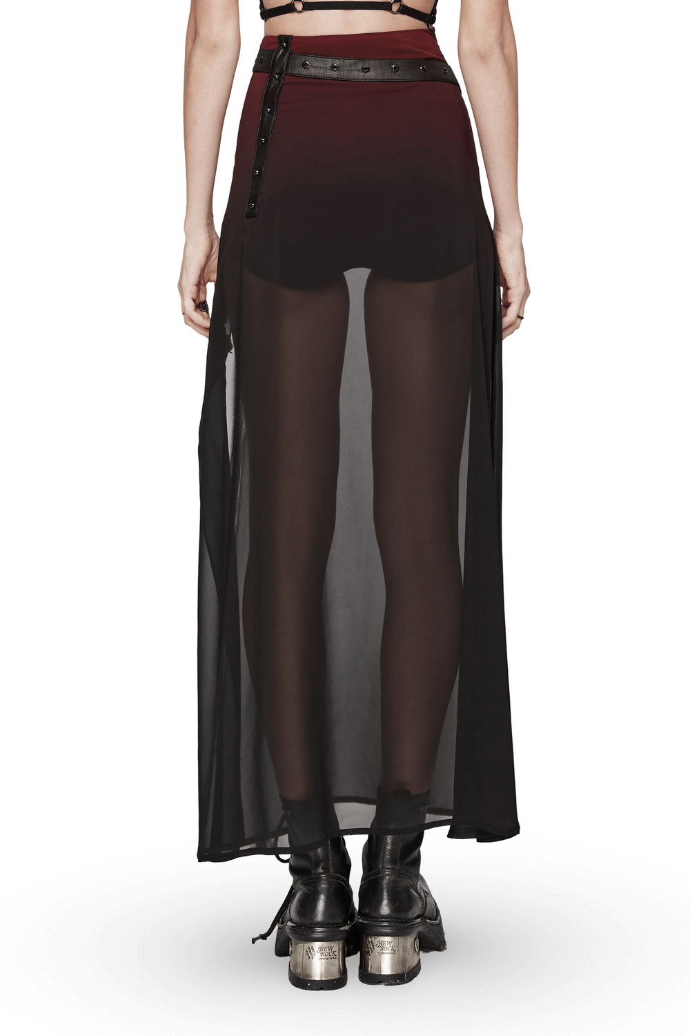 Chic sheer maxi A-line skirt with high slit and belt, showcasing a stylish back view for a bold goth look.