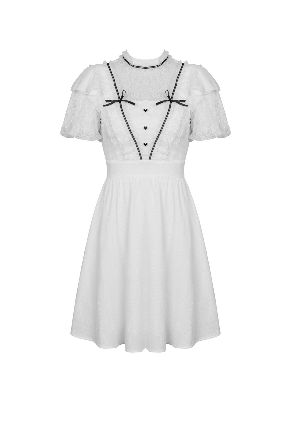 Chic white A-line dress with short puff sleeves, lace trim, and black ribbon accents, perfect for elegant occasions.