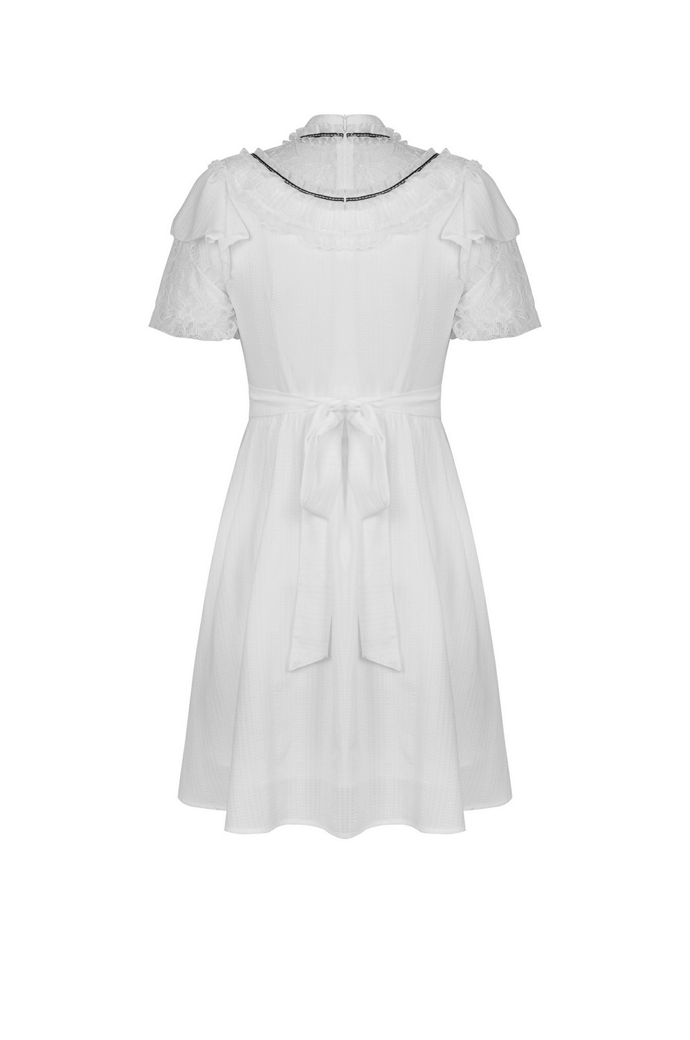 Elegant white A-line dress with short puff sleeves and black ribbon accents, featuring lace-trimmed collar for special occasions.