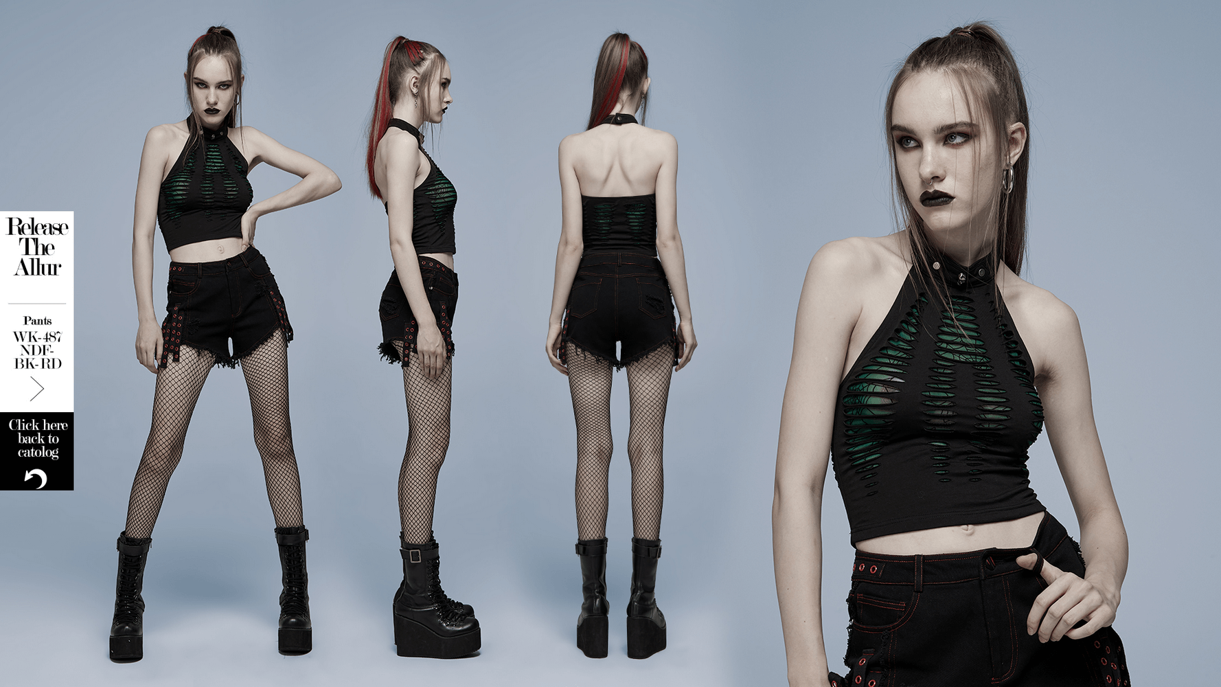 Chic spider mesh cut-out halter top, showcasing edgy style with adjustable neck and hollowed-out design.