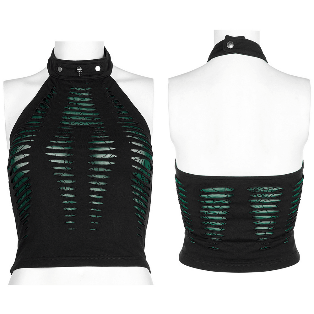 Chic spider mesh cut-out halter top showcasing edgy hollowed design and adjustable neck for bold fashion statements.