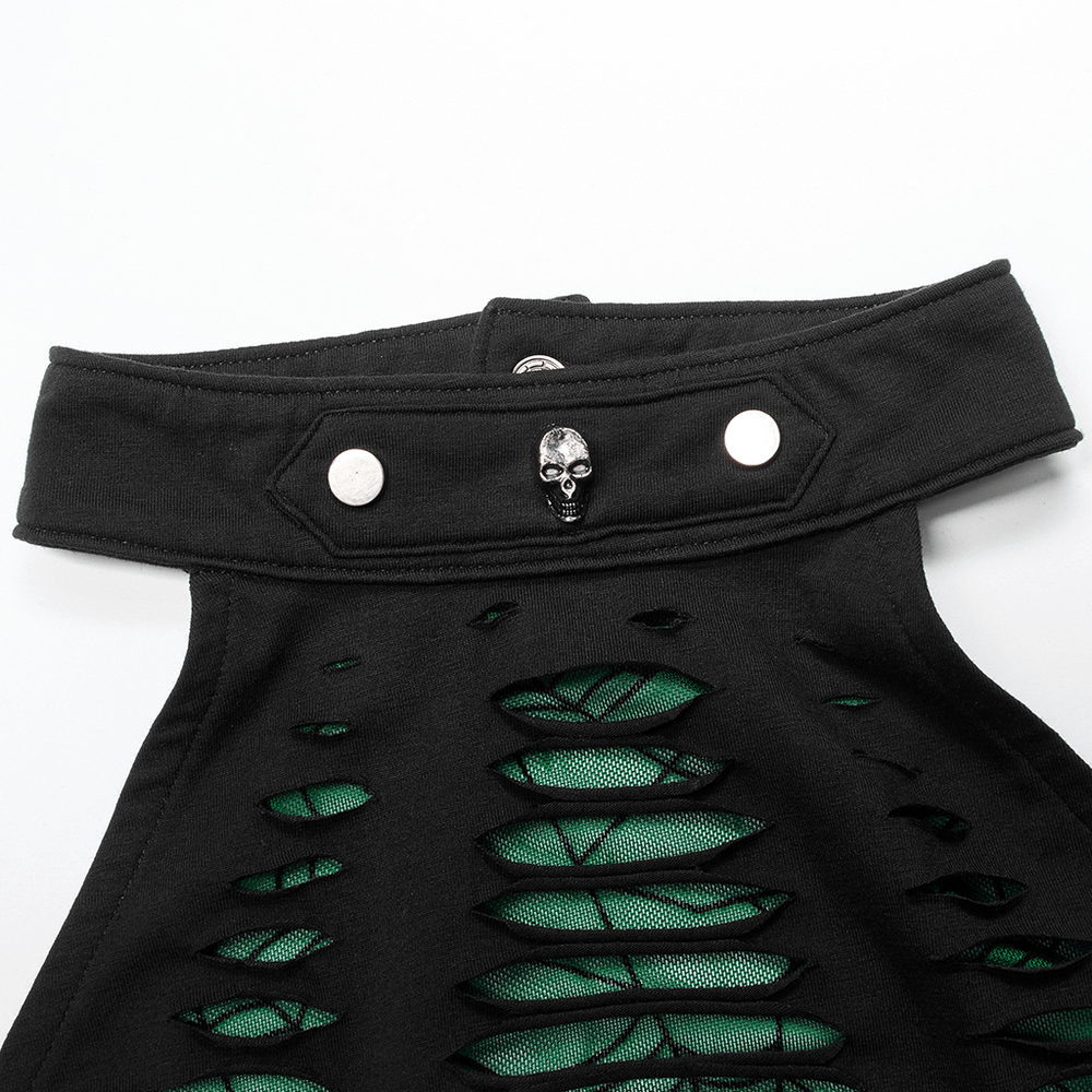 Chic spider mesh cut-out halter top with skull button detail and edgy hollowed-out design.
